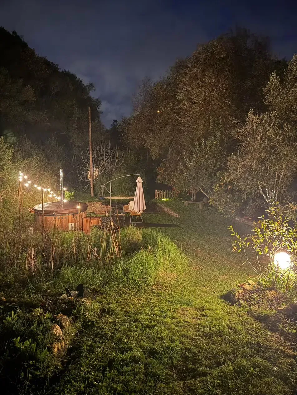 Garden at night — fairy lights, hot tub and ancient oaks